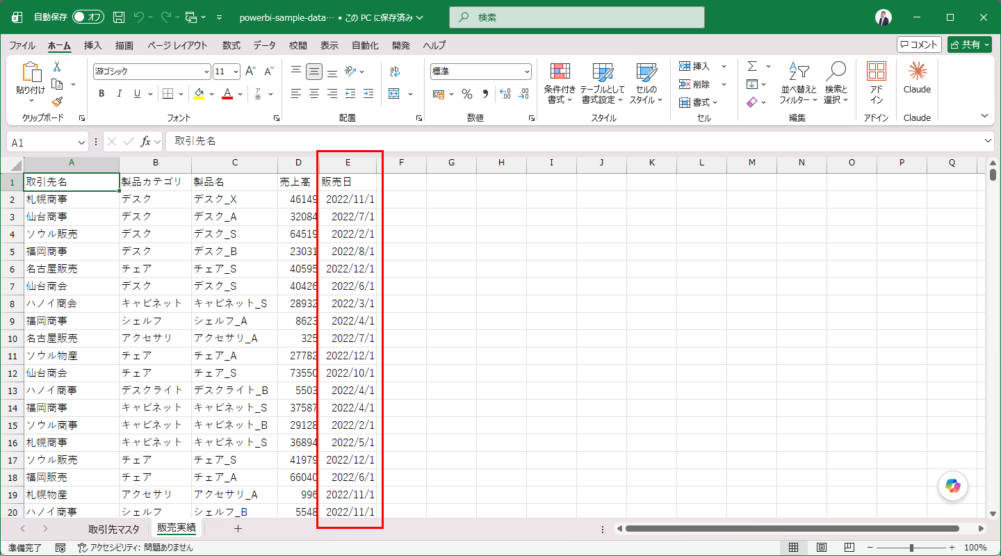 販売日の列が日付形式で統一されているExcelの表