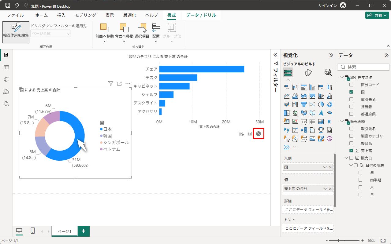 なし：ドーナツグラフをクリックしても横棒グラフは変化しない