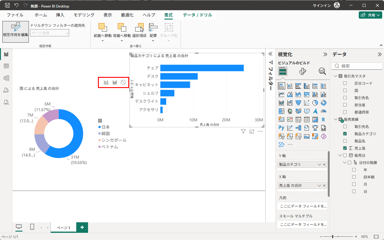 横棒グラフを選択すると、ドーナツグラフ側にアイコンが表示される