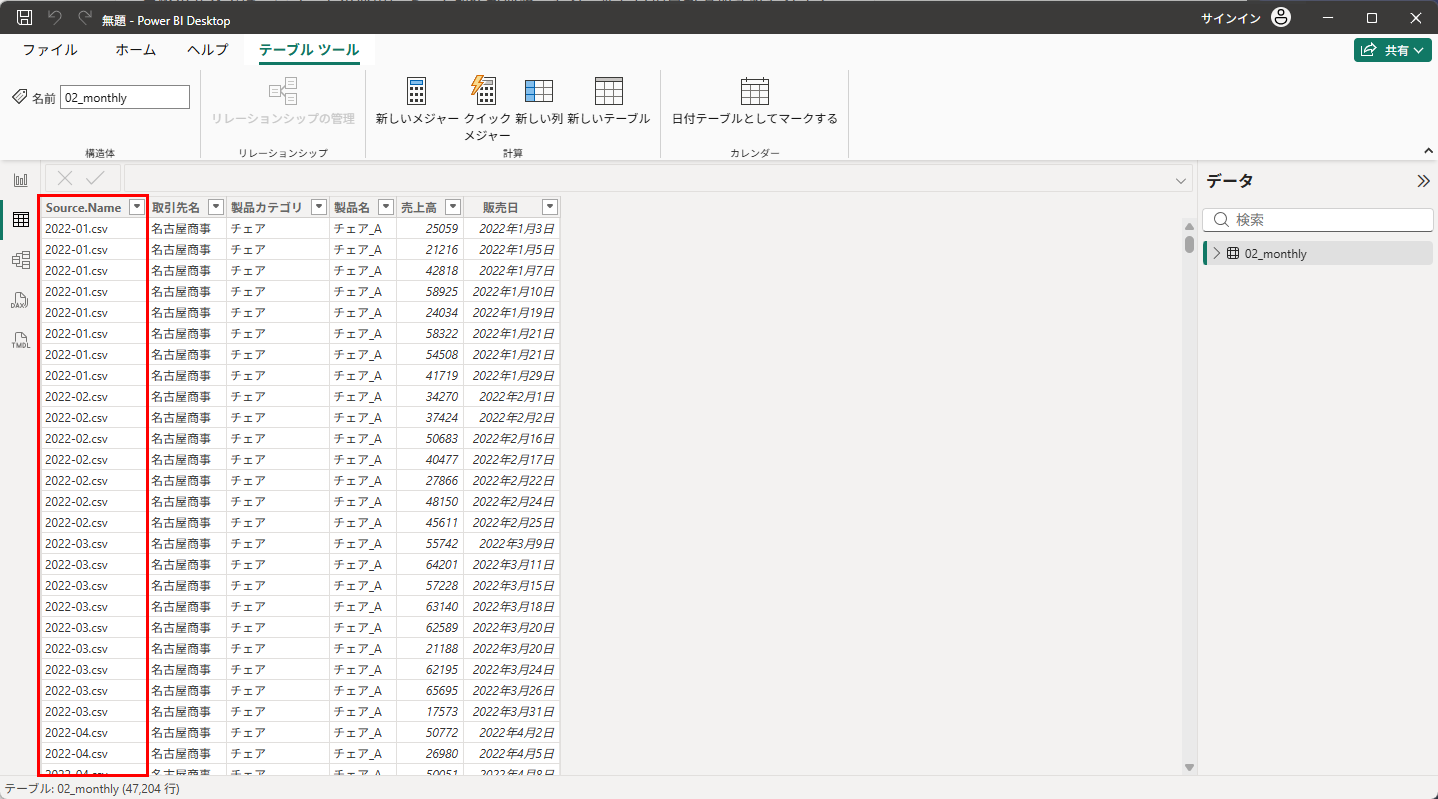 テーブルビュー。Source.Name 列に読み込み元のファイル名が入り、合計47,204行