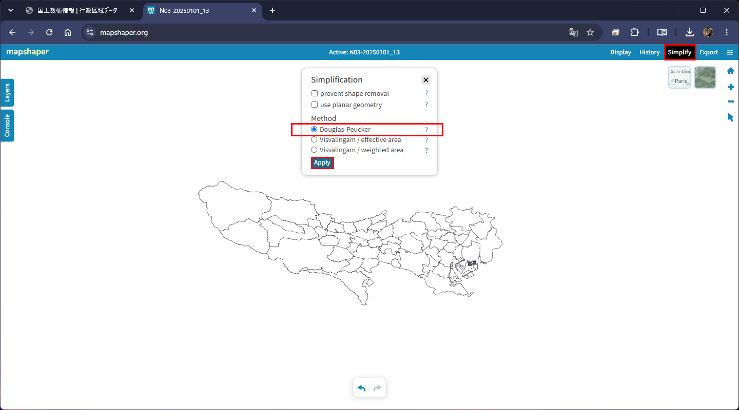 Simplifyの設定画面。Methodで「Douglas-Peucker」を選んでApply
