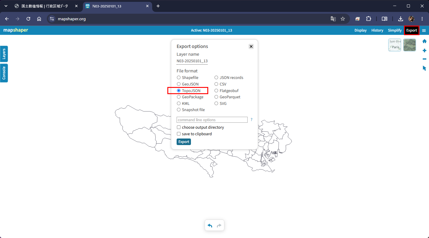 Export options で TopoJSON を選んで Export