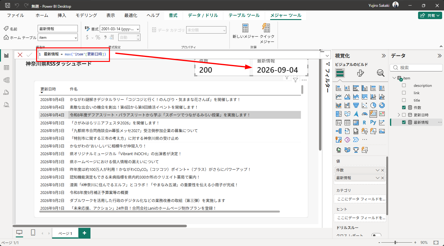 完成した神奈川県RSSダッシュボード。カードに件数200と最新情報2026-09-04、下に更新日時と件名のテーブル